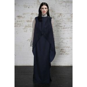 Audra Lagenlook Long Dress Fall 2015 Ready to Wear Attached Cape Dark Blue Lined